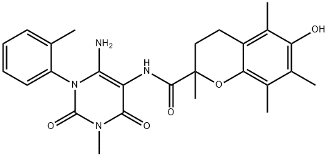 2H-1-Benzopyran-2-carboxamide,  N-[6-amino-1,2,3,4-tetrahydro-3-methyl-1-(2-methylphenyl)-2,4-dioxo-5-pyrimidinyl]-3,4-dihydro-6-hydroxy-2,5,7,8- Struktur