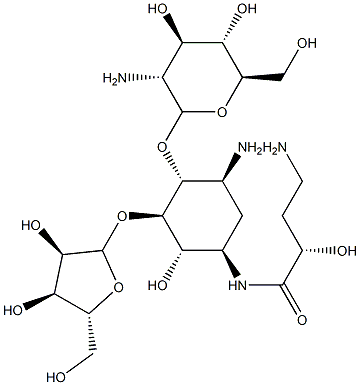 (S)-N-[3β-(β-D-Ribofuranosyloxy)-4α-(2-deoxy-2-amino-α-D-glucopyranosyloxy)-2α-hydroxy-5β-aminocyclohexane-1β-yl]-2-hydroxy-4-aminobutanamide Struktur