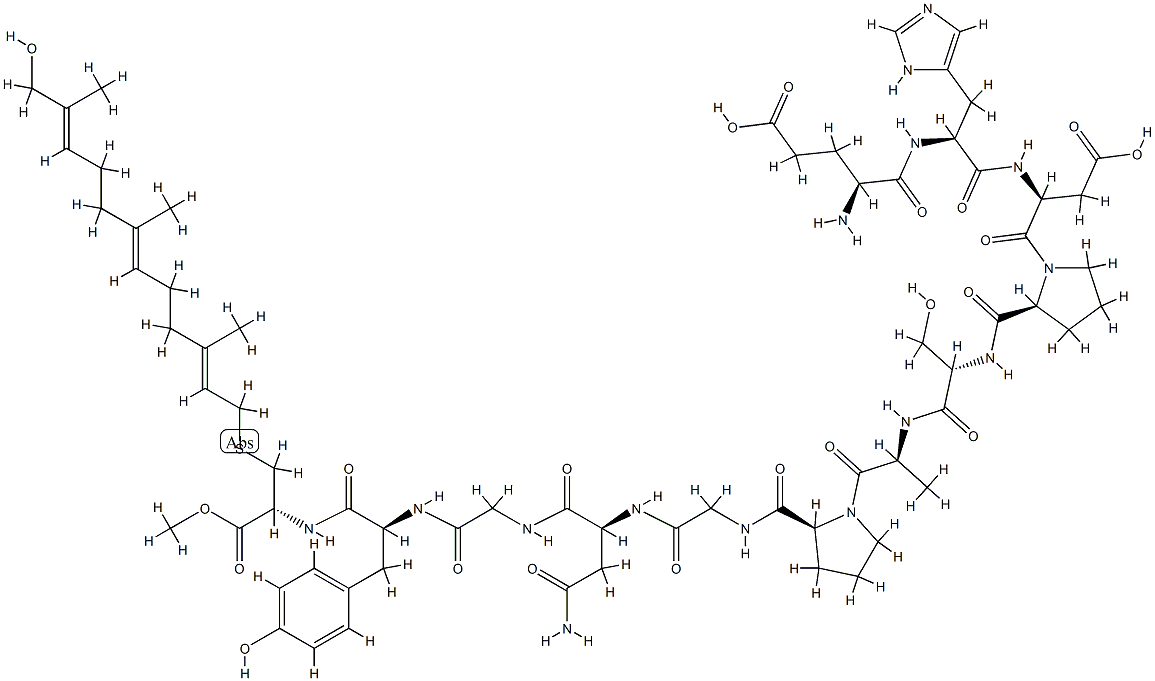 L-Glu-L-His-L-Asp-L-Pro-L-Ser-L-Ala-L-Pro-Gly-L-Asn-Gly-L-Tyr-S-[(2E,6E,10Z)-11-(Hydroxymethyl)-3,7-dimethyl-2,6,10-dodecatrienyl]-L-Cys-OMe Struktur