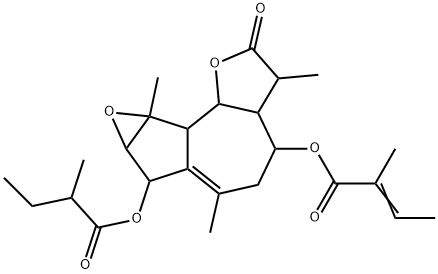 2,3,3a,4,5,7,7a,8a,8b,8c-Decahydro-3,6,8a-trimethyl-7-(2-methyl-1-oxobutoxy)-2-oxooxireno[2,3]azuleno[4,5-b]furan-4-yl=2-methyl-2-butenoate Struktur