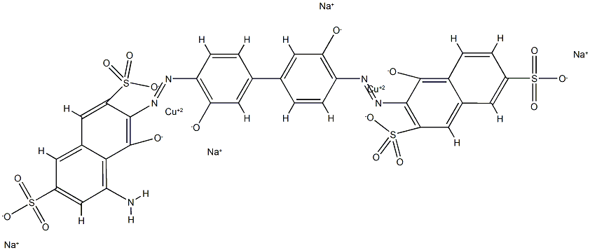 Cuprate(4-), [μ-[5-amino-3-[[3,3'-dihydroxy- 4'-[(2-hydroxy-3,6-disulfo-1-naphthalenyl )azo][1,1'-biphenyl]-4-yl]azo]-4-hydroxy-2,7-naphthalenedisulfonat o(8-)]]di-, tetrasodium Struktur