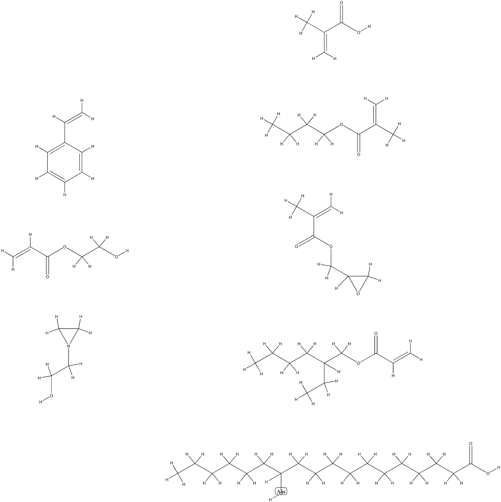 Octadecanoic acid, 12-hydroxy-, polymer with butyl 2-methyl-2-propenoate, ethenylbenzene, 2-ethylhexyl 2-propenoate, 2-hydroxyethyl 2-propenoate, 2-methyl-2-propenoic acid and oxiranylmethyl 2-methyl-2-propenoate, 1-aziridineethanol-terminated Struktur