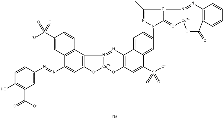 Cuprate(3-), [mu-[5-[[4-[[6-[4-[(2-carboxyphenyl)azo]-4,5-dihydro-3-methyl-5-oxo-1H-pyrazol-1-yl]-2-hydroxy-4-sulfo-1-naphthalenyl]azo]-3-hydroxy-7-sulfo-1-naphthalenyl]azo]-2-hydroxybenzoato(7-)]]di-, trisodium  Struktur