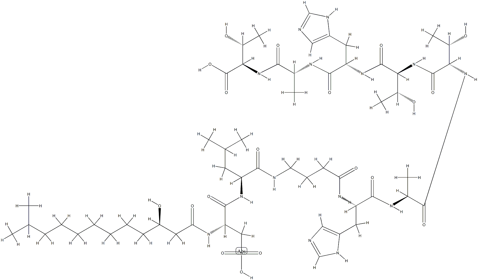 [(R)-3-Hydroxy-11-methyl-1-oxododecyl]-3-sulfo-L-Ala-L-Leu-(4-amino*butyryl)-L-His-L-Ala-L-aThr-L-Thr-L-His-D-Ala-D-aThr-OH Struktur