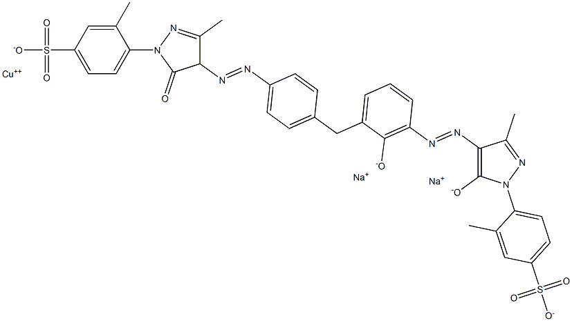 Cuprate(2-), [4-[4,5-dihydro-4-[[4-[[4,5-dihydro-3-methyl-1-(2-methyl-5-sulfophenyl)-5-oxo-1H-pyrazol-4-yl]azo]-3-hydroxyphenyl] methyl]phenyl]azo]-3-methyl-5-oxo-1H-pyrazol-1-yl]-5-methylbenzenesulfonato(4-)]-, disodium Struktur