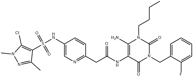 2-Pyridineacetamide,  N-[6-amino-1-butyl-3-[(2-fluorophenyl)methyl]-1,2,3,4-tetrahydro-2,4-dioxo-5-pyrimidinyl]-5-[[(5-chloro-1,3-dimethyl-1H-pyrazol-4- Struktur