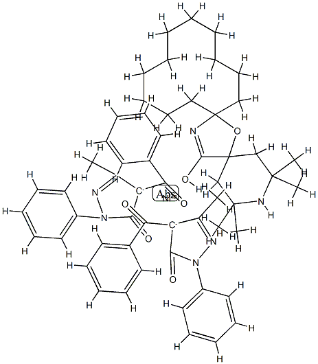 bis(4-benzoyl-2,4-dihydro-5-methyl-2-phenyl-3H-pyrazol-3-onato-O,O')(2,2,4,4-tetramethyl-7-oxa-3,20-diazadispiro[5.1.11.2]henicosan-21-one-O21)nickel  Struktur