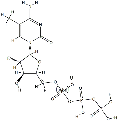 2(1H)-Pyrimidinone, 4-amino-1-(2-deoxy-2-fluoro-5-O-(hydroxy((hydroxy( phosphonooxy)phosphinyl)oxy)phosphinyl)-beta-D-arabinofuranosyl)-5-met hyl- Struktur