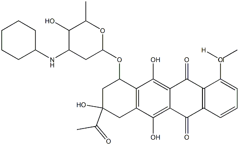 5,12-Naphthacenedione, 8-acetyl-10-[[3-(cyclohexylamino)-2,3, 6-trideo xy-.alpha.-L-lyxo-hexopyranosyl]oxy]-7,8,9, 10-tetrahydro-6,8,11-trihy droxy-1-methoxy-, hydrochloride, (8S-cis)- Struktur