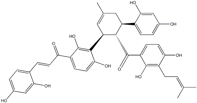 2-Propen-1-one, 1-(3-((1S,5R,6S)-6-(2,4-dihydroxy-3-(3-methyl-2-buteny l)benzoyl)-5-(2,4-dihydroxyphenyl)-3-methyl-2-cyclohexen-1-yl)-2,4-dih ydroxyphenyl)-3-(2,4-dihydroxyphenyl)-, (2E)- Struktur