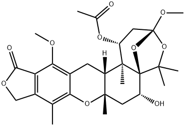 (1R)-1α-Acetyloxy-1,2,3,6,7,7a,10,14,14aβ,14b-decahydro-6α-hydroxy-3,13-dimethoxy-5,5,7aβ,9,14bα-pentamethyl-12H-3β,5aβ-epoxy-5H-furo[3,4-i]oxepino[4,3-a]xanthen-12-one Struktur