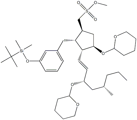 CyclopentaneMethanol, 2-[[3-[[(1,1-diMethylethyl)diMethylsilyl]oxy]phenyl]Methyl]-4-[(tetrahydro-2 H-pyran-2-yl)oxy]-3-[3-[(tetrahydro-2H-pyran-2-yl)oxy]-1-octenyl]-, Methanesulfonate, [1S-[1a,2a,3b(1E,3R*),4a]]- Struktur