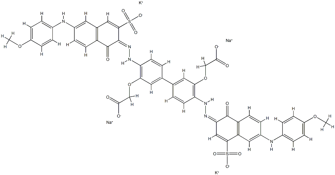 Acetic acid, 2,2'-[[4-[[1-hydroxy-6-[( 4-methoxyphenyl)amino]-3-sulfo-2-naphthalenyl]azo ]-4'-[[1-hydroxy-6-[(4-methoxyphenyl)amino]-4-sulf o-2-naphthalenyl]azo][1,1'-biphenyl]-3,3'-diyl]b is(oxy)]bis-, potassium sodium salt Struktur