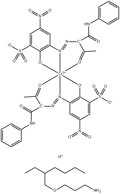 Chromate(3-), bis[2-hydroxy-5-nitro-3-[[2-oxo-1-[(phenylamino)carbonyl]propyl]azo]benzenesulfonato(3-)] -, compd. with 3-[(2-ethylhexyl)oxy]-1-propanamine Struktur