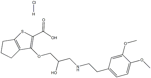 6-[3-[2-(3,4-dimethoxyphenyl)ethylamino]-2-hydroxy-propoxy]-8-thiabicy clo[3.3.0]octa-6,9-diene-7-carboxylic acid hydrochloride Struktur