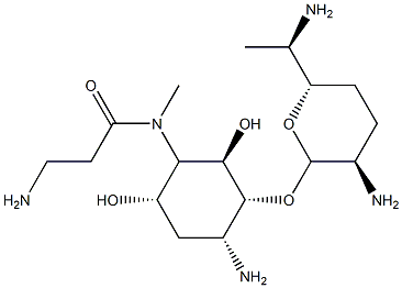 2-Amino-5-[(3-amino-1-oxopropyl)methylamino]-1-O-(2,6-diamino-2,3,4,6,7-pentadeoxy-β-L-lyxo-heptopyranosyl)-2,3,5-trideoxy-D-allo-inositol Struktur