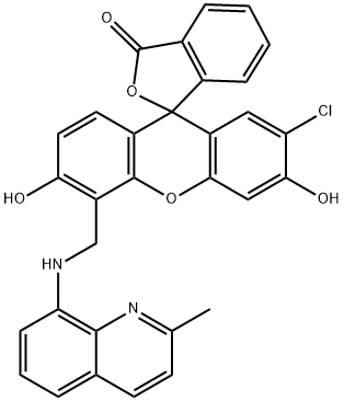 2-{2-Chloro-6-hydroxy-5-[2-methylquinolin-8-ylaminomethyl]-3-<br />oxo-3H-xanthen-9-yl}benzoic acid Struktur