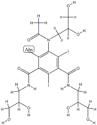 5-[acetyl-(1,1,2,3,3-pentadeuterio-2,3-dihydroxypropyl)amino]-1-N,3-N-bis(2,3-dihydroxypropyl)-2,4,6-triiodobenzene-1,3-dicarboxamide Struktur