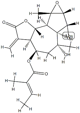 (E)-2-Methyl-2-butenoic acid (3aR,3aβ,6aR,7aα,7bα,8aα,8bβ,8cα)-decahydro-6β-hydroxy-6,8aα-dimethyl-3-methylene-2-oxo-4H-bisoxireno[1,8a:2,3]azuleno[4,5-b]furan-4α-yl ester Struktur