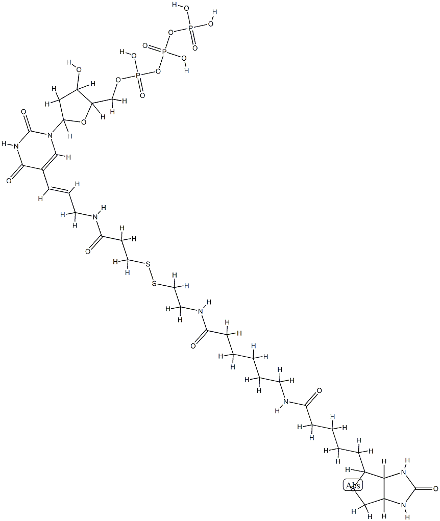 [[[5-[2,4-dioxo-5-[(E)-3-[3-[2-[6-[5-(7-oxo-3-thia-6,8-diazabicyclo[3. 3.0]oct-2-yl)pentanoylamino]hexanoylamino]ethyldisulfanyl]propanoylami no]prop-1-enyl]pyrimidin-1-yl]-3-hydroxy-oxolan-2-yl]methoxy-hydroxy-p hosphoryl]oxy-hydroxy-phosphoryl]oxyphosphonic acid Struktur