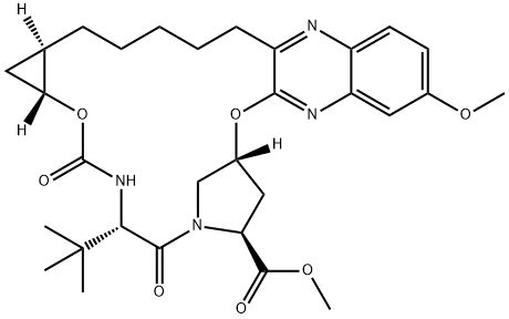 8H-7,10-Methanocyclopropa[18,19][1,10,3,6]dioxadiazacyclononadecino[11,12-b]quinoxaline-8-carboxylic acid, 5-(1,1-diMethylethyl)-1,1a,3,4,5,6,9,10,18,19,20,21,22,22a-tetradecahydro-14-Methoxy-3,6-dioxo-, Methyl ester, (1aR,5S,8S,10R,22aR)- Struktur