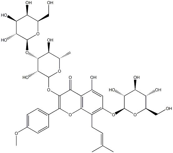 4H-1-Benzopyran-4-one, 3-((6-deoxy-3-O-beta-D-galactopyranosyl-alpha-L -mannopyranosyl)oxy)-7-(beta-D-glucopyranosyloxy)-5-hydroxy-2-(4-metho xyphenyl)-8-(3-methyl-2-butenyl)- Struktur