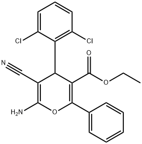 ethyl 6-amino-5-cyano-4-(2,6-dichlorophenyl)-2-phenyl-4H-pyran-3-carboxylate Struktur