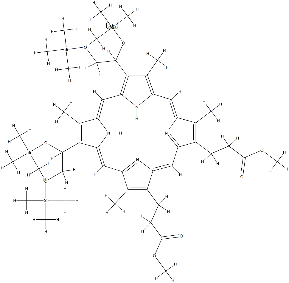 7,12-Bis[1,2-bis[(trimethylsilyl)oxy]ethyl]-3,8,13,17-tetramethyl-21H,23H-porphyrin-2,18-dipropanoic acid dimethyl ester Struktur