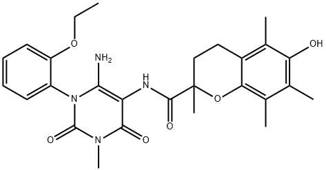 2H-1-Benzopyran-2-carboxamide,  N-[6-amino-1-(2-ethoxyphenyl)-1,2,3,4-tetrahydro-3-methyl-2,4-dioxo-5-pyrimidinyl]-3,4-dihydro-6-hydroxy-2,5,7,8- Struktur