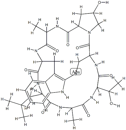 cyclic(L-Alanyl-D-threonyl-L-cysteinyl-cis-4-hydroxy-L-prolyl-L-alanyl-2-mercapto-L-tryptophyl-4-methyl-L-norvalyl) cyclic (3-6)-sulfide Struktur