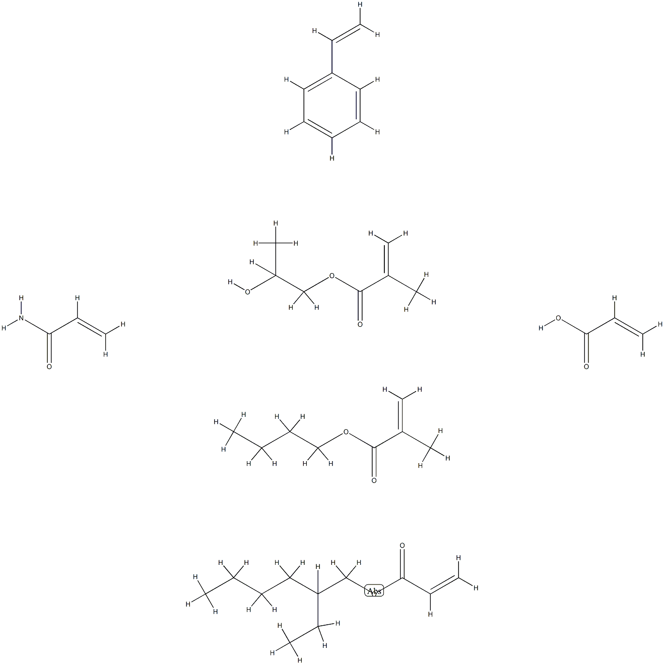 2-Propenoic acid, 2-methyl-, butyl ester, polymer with ethenylbenzene, 2-ethylhexyl 2-propenoate, 1,2-propanediol mono(2-methyl-2-propenoate), 2-propenamide and 2-propenoic acid Struktur