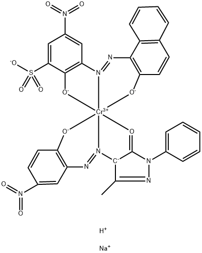 sodium hydrogen [2,4-dihydro-4-[(2-hydroxy-5-nitrophenyl)azo]-5-methyl-2-phenyl-3H-pyrazol-3-onato(2-)][2-hydroxy-3-[(2-hydroxy-1-naphthyl)azo]-5-nitrobenzenesulphonato(3-)]chromate(2-) Struktur