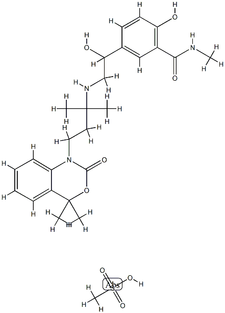 5-[2-[[4-(7,7-dimethyl-9-oxo-8-oxa-10-azabicyclo[4.4.0]deca-1,3,5-trie n-10-yl)-2-methyl-butan-2-yl]amino]-1-hydroxy-ethyl]-2-hydroxy-N-methy l-benzamide, methanesulfonic acid Struktur