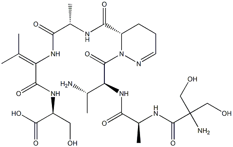 N-[2-[N-[[[(6S)-1-[(3S)-(2-Hydroxymethyl Ser-L-Ala-)-3-amino-3-methyl-L-Ala-]-1,4,5,6-tetrahydropyridazin]-6-yl]carbonyl]-L-Ala-amino]-3-methyl-2-butenoyl]-L-Ser-OH Struktur