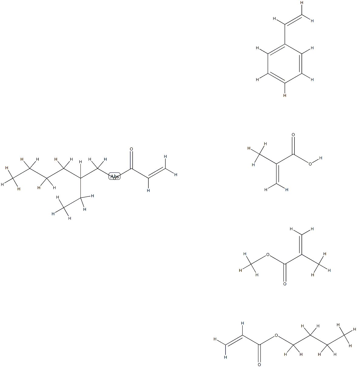 2-Propenoic acid, 2-methyl-, polymer with butyl 2-propenoate, ethenylbenzene, 2-ethylhexyl 2-propenoate and methyl 2-methyl-2-propenoate Struktur