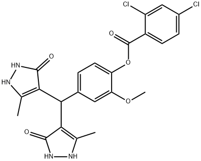 4-[bis(5-hydroxy-3-methyl-1H-pyrazol-4-yl)methyl]-2-methoxyphenyl 2,4-dichlorobenzoate Struktur