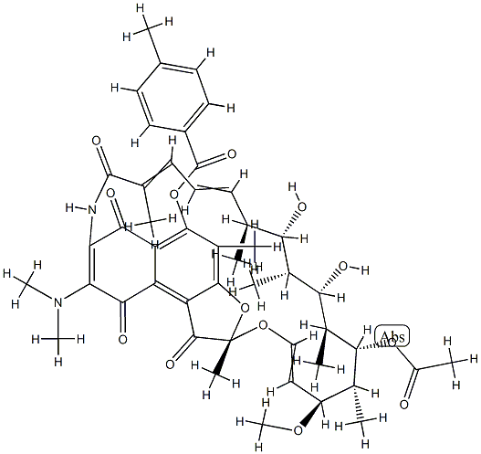 (2S,16S,17S,18R,19S,20S,21S,22R,23S)-21-(acetyloxy)-8-(dimethylamino)-17,19-dihydroxy-23-methoxy-2,4,12,16,18,20,22-heptamethyl-1,6,9,11-tetraoxo-1,2,6,9-tetrahydro-2,7-(epoxypentadeca[1,11,13]trienoi\nmino)naphtho[2,1-b]furan-5-yl 4-methylbenzoate Struktur