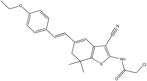 2-Chloro-N-{3-cyano-5-[2-(4-ethoxy-phenyl)-vinyl]-7,7-dimethyl-6,7-dihydro-benzo[b]thiophen-2-yl}-acetamide Struktur