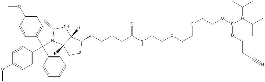 1-DIMETHOXYTRITYLOXY-2-(N-BIOTINYL-4-AMINOBUTYL)-PROPYL-3-O-(2-CYANOETHYL)-(N,N-DIISOPROPYL)-PHOSPHORAMIDITE Struktur