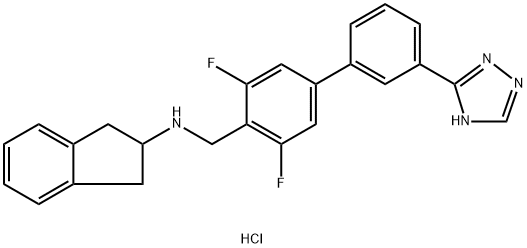 N-{[3,5-difluoro-3'-(1H-1,2,4-triazol-5-yl)-[1,1'-biphenyl]-4-yl]methyl}-2,3-dihydro-1H-inden-2-amine hydrochloride Struktur