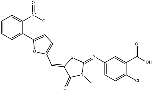 2-chloro-5-({5-[(5-{2-nitrophenyl}-2-furyl)methylene]-3-methyl-4-oxo-1,3-thiazolidin-2-ylidene}amino)benzoic acid Struktur