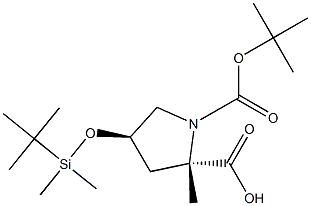 (2S,4R)-1-(tert-butoxycarbonyl)-4-((tert-butyldimethylsilyl)oxy)-2-methylpyrrolidine-2-carboxylic acid Struktur