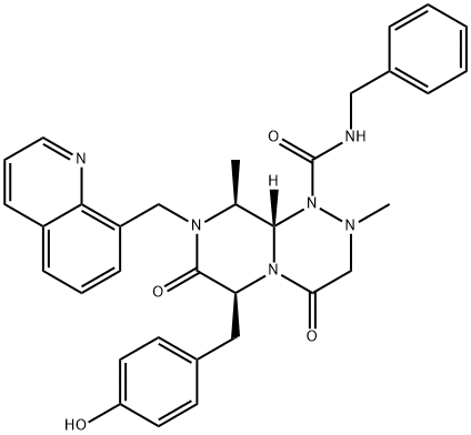 (6S,9S,9aS)-N-benzyl-6-(4-hydroxybenzyl)-2,9-dimethyl- 4,7-dioxo-8-(quinolin-8-ylmethyl)hexahydro-2H- pyrazino[2,1-c][1,2,4]triazine-1(6H)-carboxamide Struktur