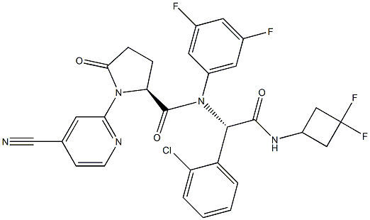 (S)-N-((S)-1-(2-chlorophenyl)-2-((3,3-difluorocyclobutyl)amino)-2-oxoethyl)-1-(4-cyanopyridin-2-yl)-N-(3,5-difluorophenyl)-5-oxopyrrolidine-2-carboxamide Struktur