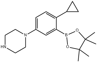 1-(4-cyclopropyl-3-(4,4,5,5-tetramethyl-1,3,2-dioxaborolan-2-yl)phenyl)piperazine Struktur