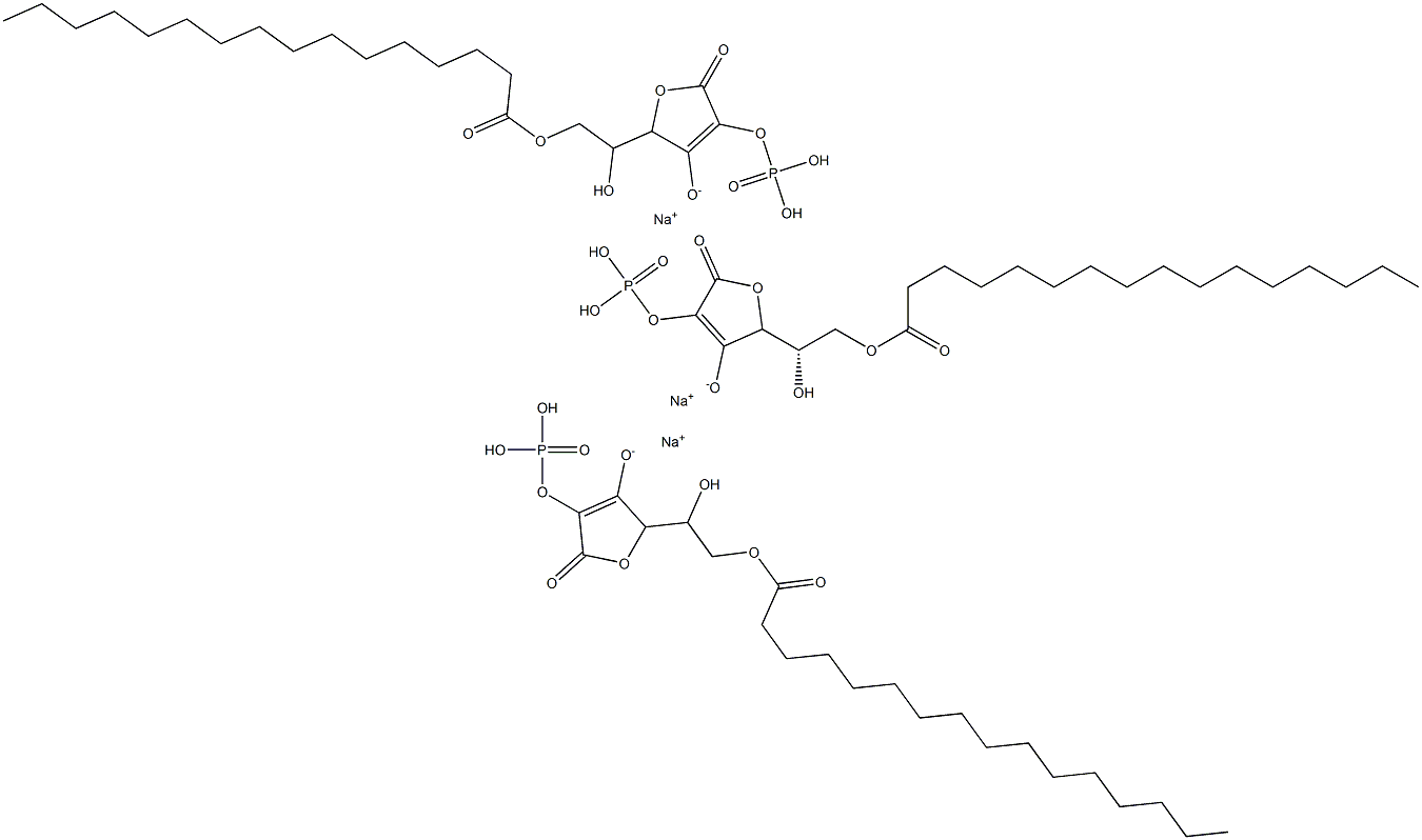 trisodium 2-[(1S)-2-(hexadecanoyloxy)-1-hydroxyethyl]-5-oxo-4-(phosphonooxy)-2,5-dihydrofuran-3-olate Struktur