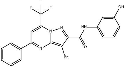 3-bromo-N-(3-hydroxyphenyl)-5-phenyl-7-(trifluoromethyl)pyrazolo[1,5-a]pyrimidine-2-carboxamide Struktur