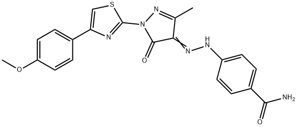 4-(2-{1-[4-(4-methoxyphenyl)-1,3-thiazol-2-yl]-3-methyl-5-oxo-1,5-dihydro-4H-pyrazol-4-ylidene}hydrazino)benzamide Struktur