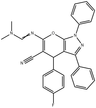 N'-[5-cyano-4-(4-fluorophenyl)-1,3-diphenyl-1,4-dihydropyrano[2,3-c]pyrazol-6-yl]-N,N-dimethylimidoformamide Struktur