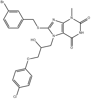 8-[(3-bromobenzyl)sulfanyl]-7-[3-(4-chlorophenoxy)-2-hydroxypropyl]-3-methyl-3,7-dihydro-1H-purine-2,6-dione Struktur